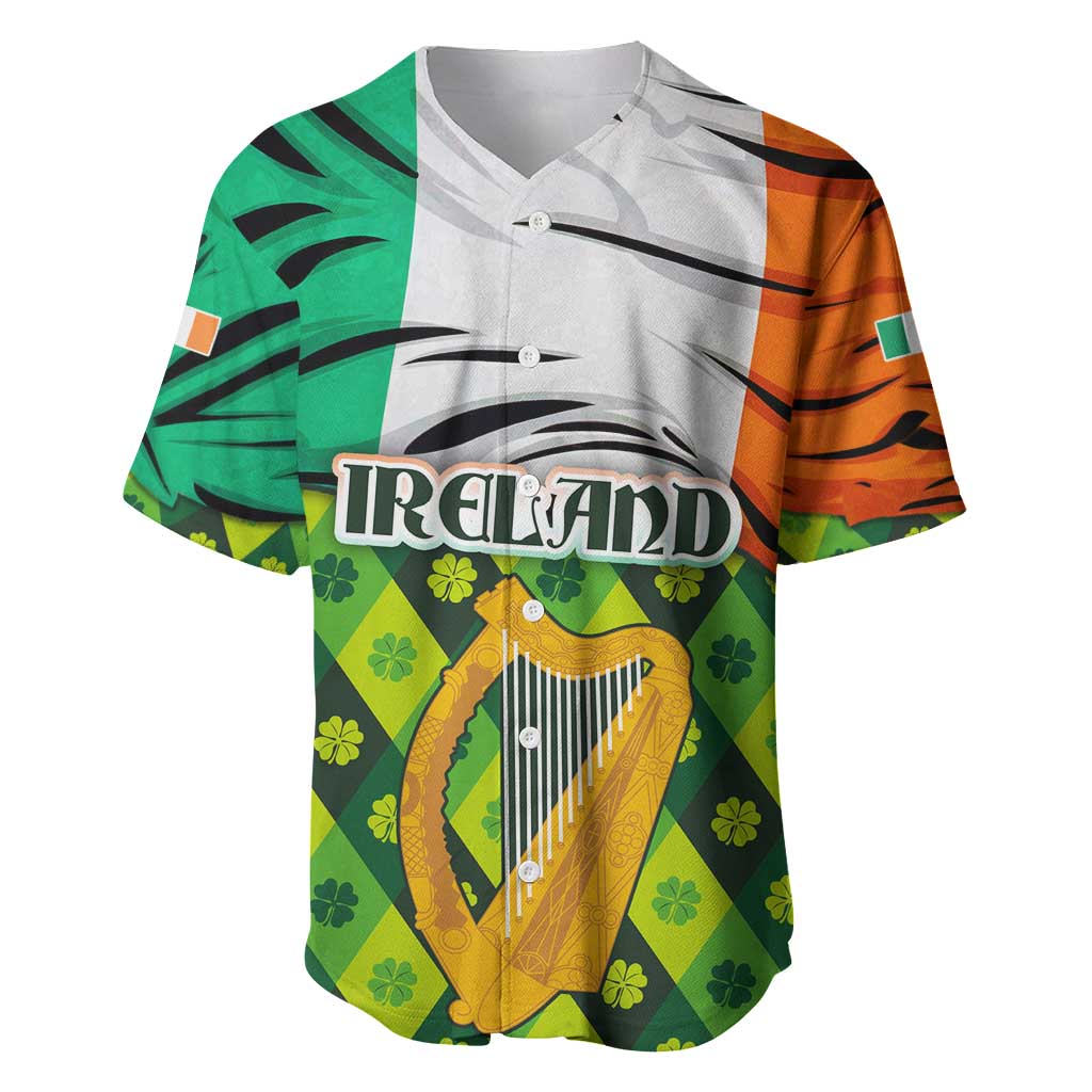 Ireland Baseball Jersey with Irish Flag Harp and Shamrock Pattern Design