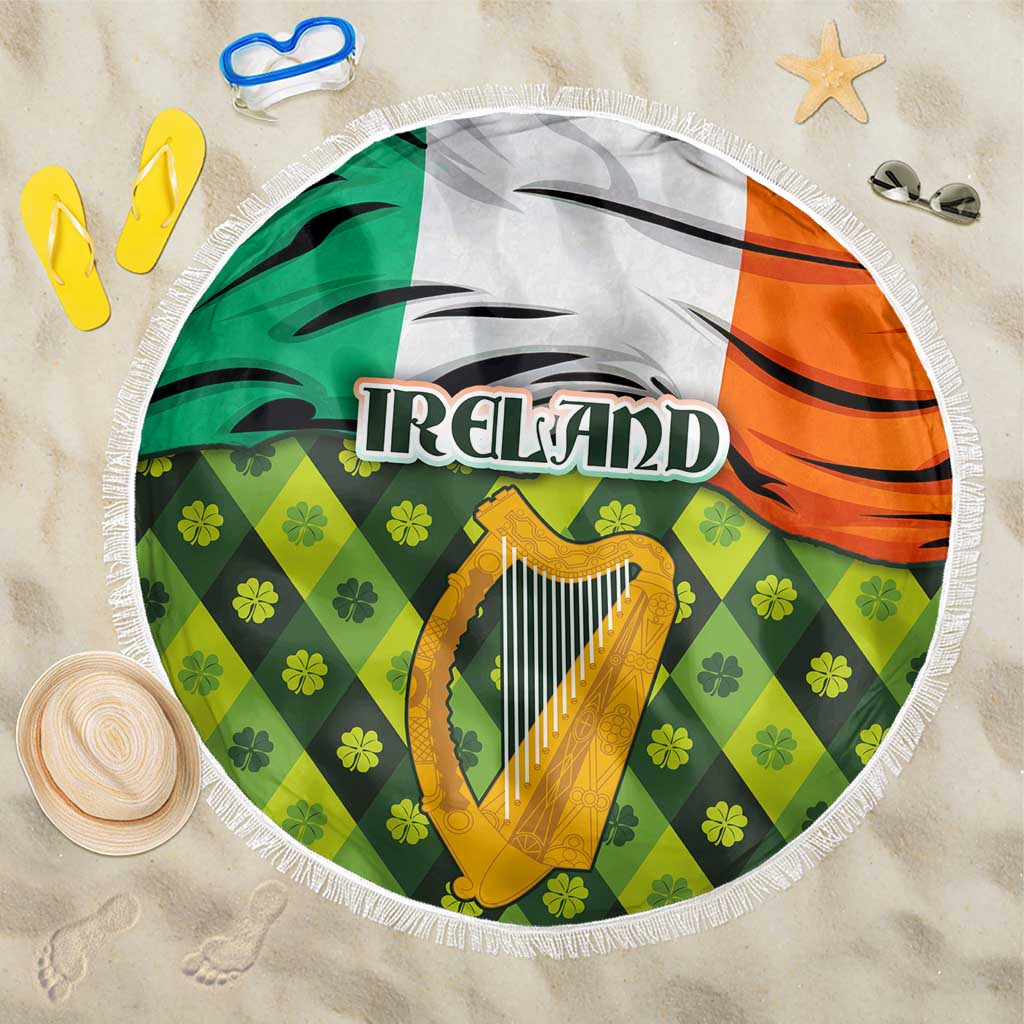 Ireland Beach Blanket with Irish Flag Harp and Shamrock Pattern Design