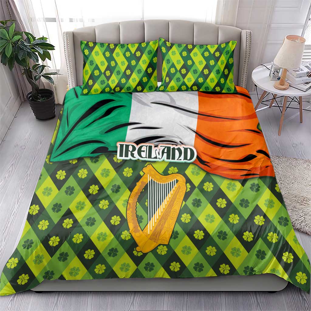 Ireland Bedding Set with Irish Flag Harp and Shamrock Pattern Design