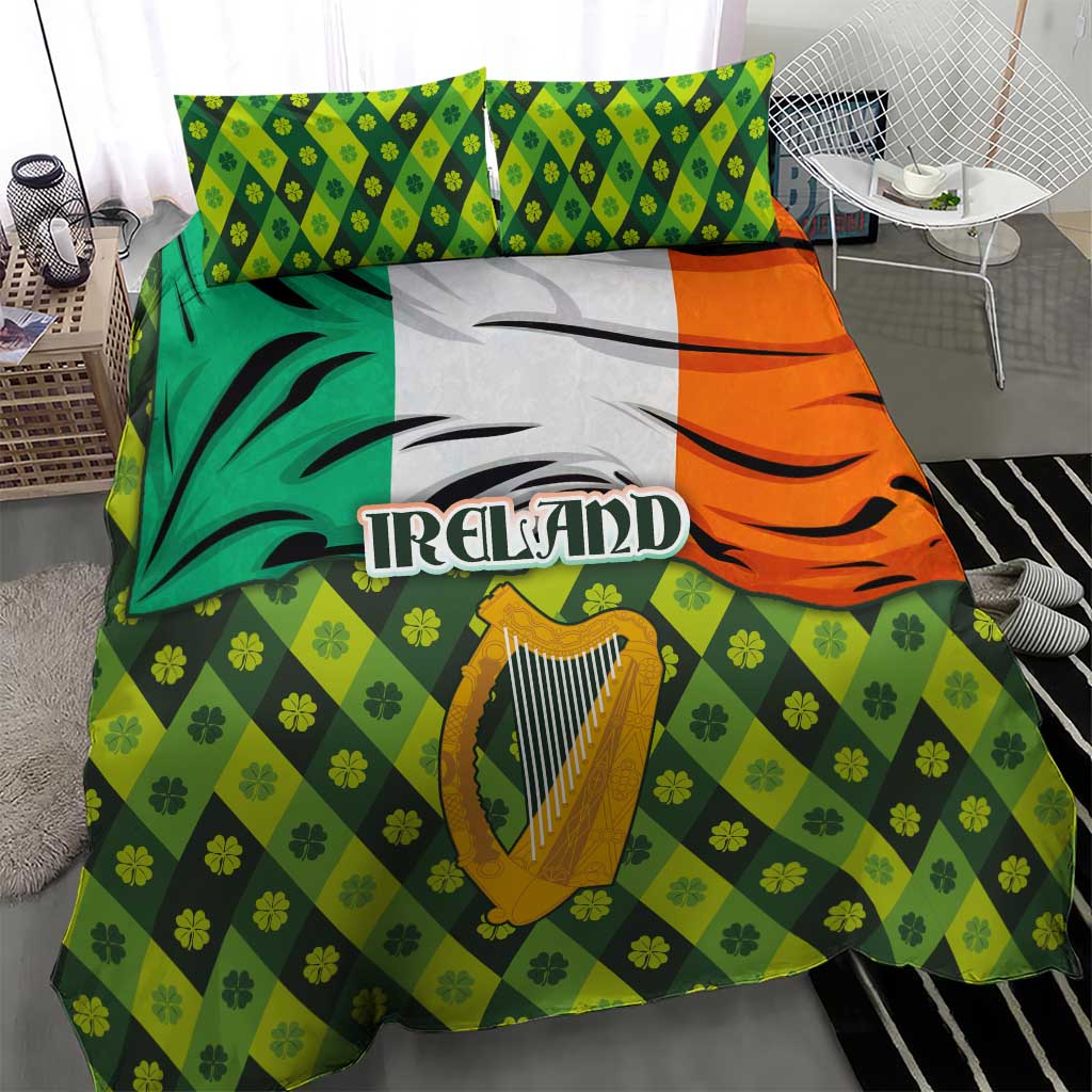 Ireland Bedding Set with Irish Flag Harp and Shamrock Pattern Design