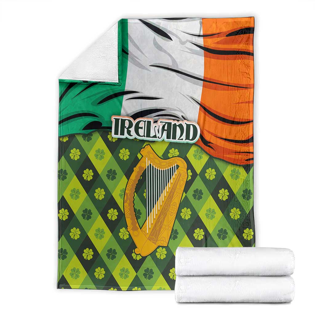 Ireland Blanket with Irish Flag Harp and Shamrock Pattern Design