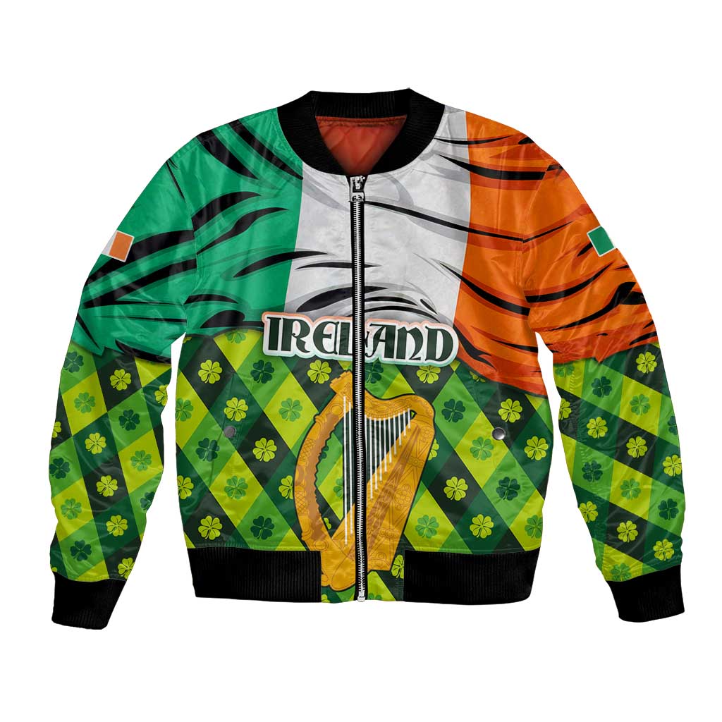 Ireland Bomber Jacket with Irish Flag Harp and Shamrock Pattern Design