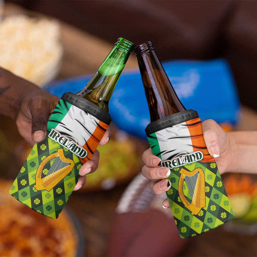 Ireland 4 in 1 Can Cooler Tumbler with Irish Flag Harp and Shamrock Pattern Design