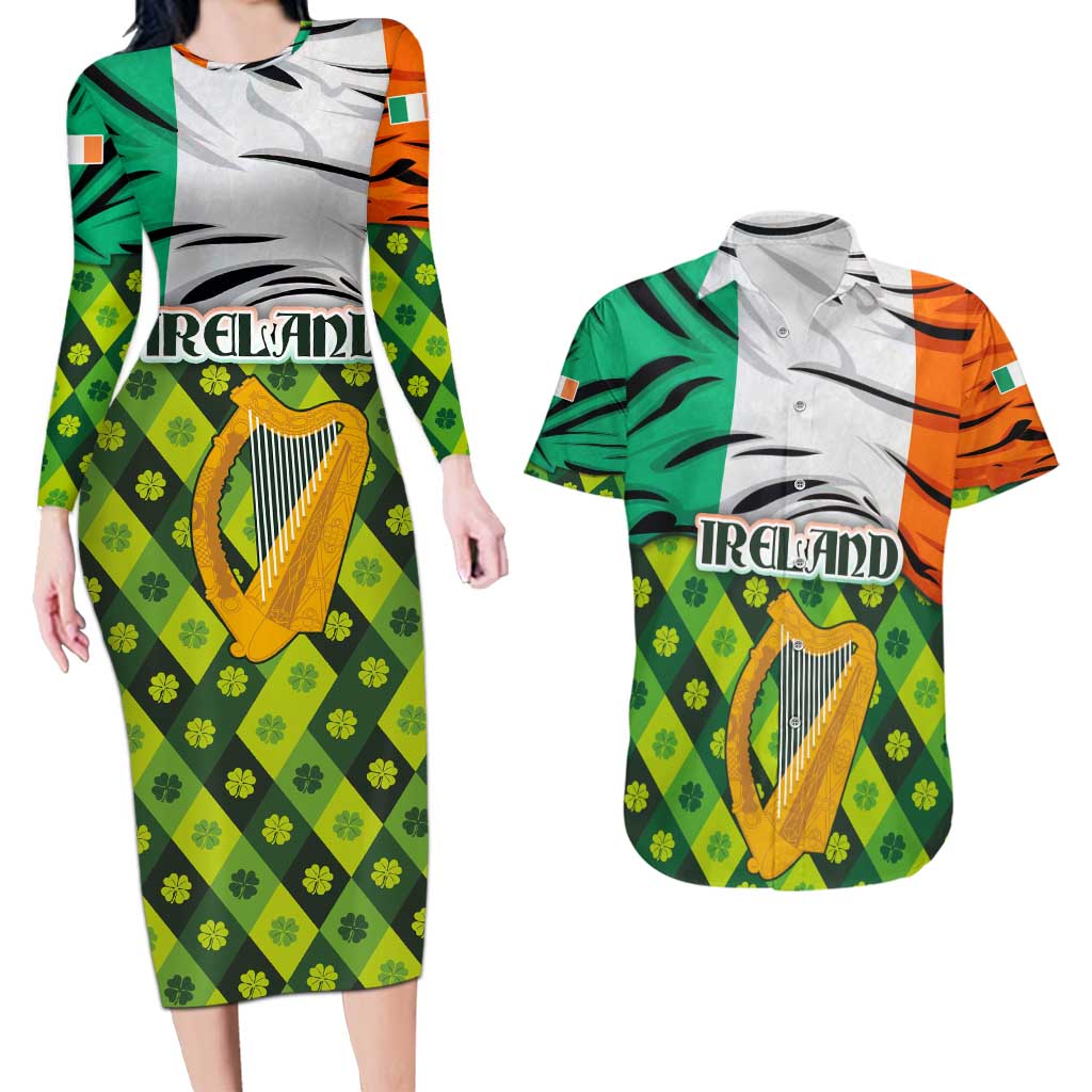 Ireland Couples Matching Long Sleeve Bodycon Dress and Hawaiian Shirt with Irish Flag Harp and Shamrock Pattern Design