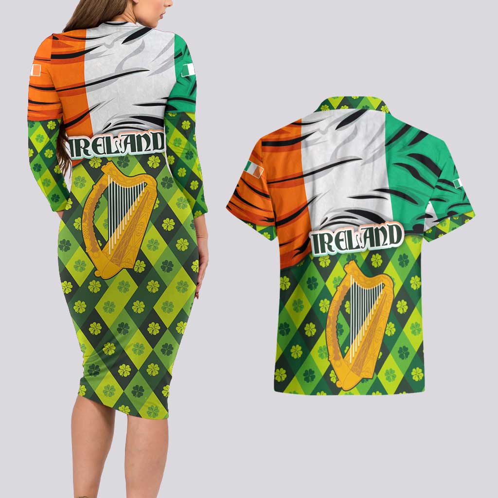 Ireland Couples Matching Long Sleeve Bodycon Dress and Hawaiian Shirt with Irish Flag Harp and Shamrock Pattern Design