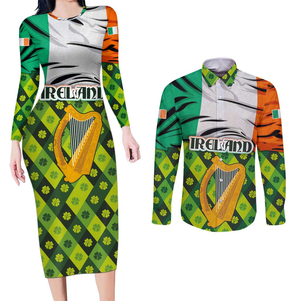 Ireland Couples Matching Long Sleeve Bodycon Dress and Long Sleeve Button Shirt with Irish Flag Harp and Shamrock Pattern Design