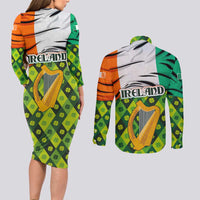 Ireland Couples Matching Long Sleeve Bodycon Dress and Long Sleeve Button Shirt with Irish Flag Harp and Shamrock Pattern Design