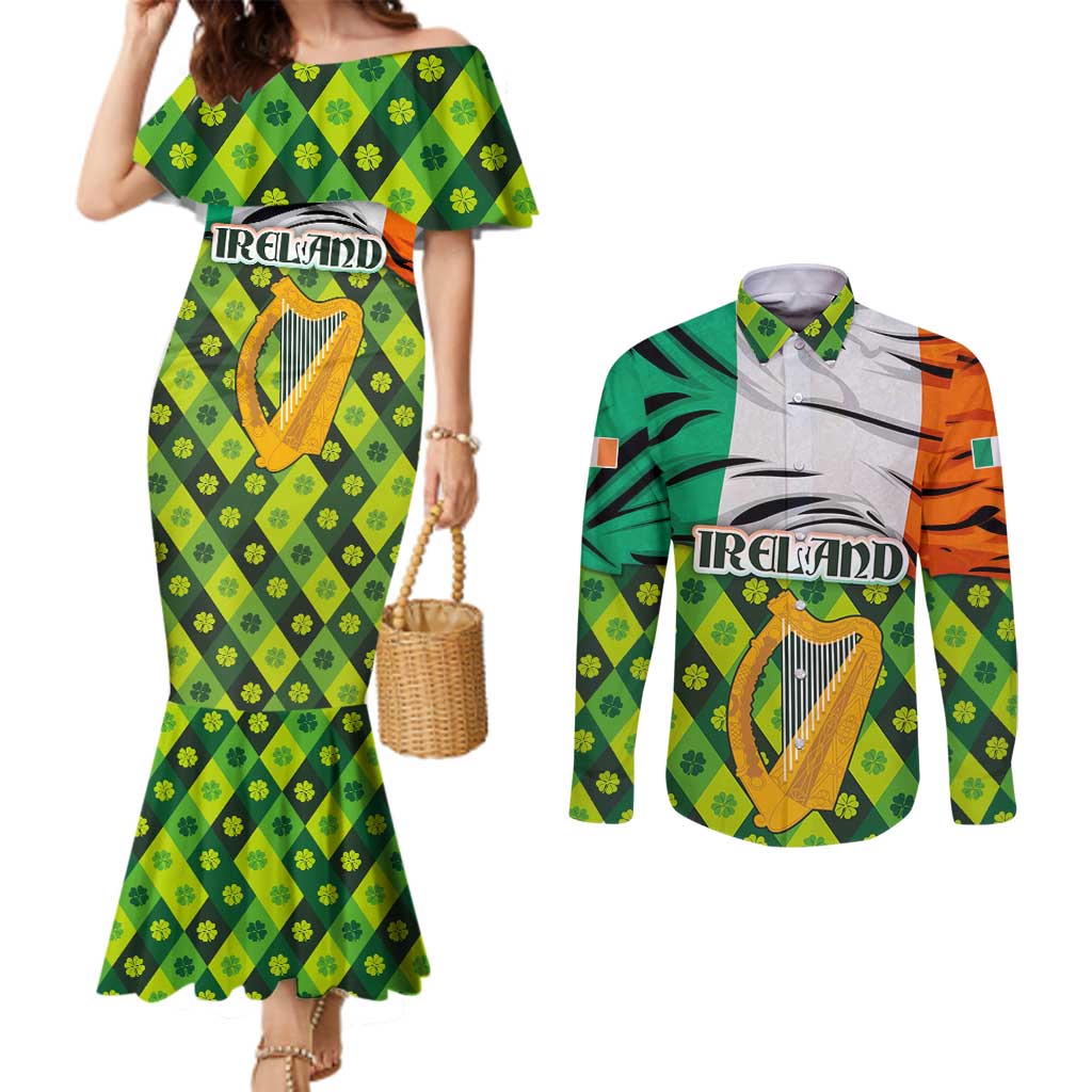 Ireland Couples Matching Mermaid Dress and Long Sleeve Button Shirt with Irish Flag Harp and Shamrock Pattern Design