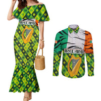 Ireland Couples Matching Mermaid Dress and Long Sleeve Button Shirt with Irish Flag Harp and Shamrock Pattern Design