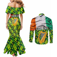 Ireland Couples Matching Mermaid Dress and Long Sleeve Button Shirt with Irish Flag Harp and Shamrock Pattern Design