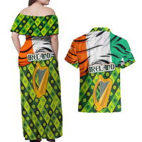 Ireland Couples Matching Off Shoulder Maxi Dress and Hawaiian Shirt with Irish Flag Harp and Shamrock Pattern Design