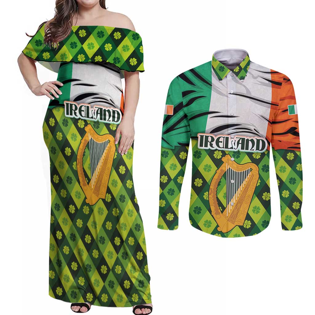 Ireland Couples Matching Off Shoulder Maxi Dress and Long Sleeve Button Shirt with Irish Flag Harp and Shamrock Pattern Design