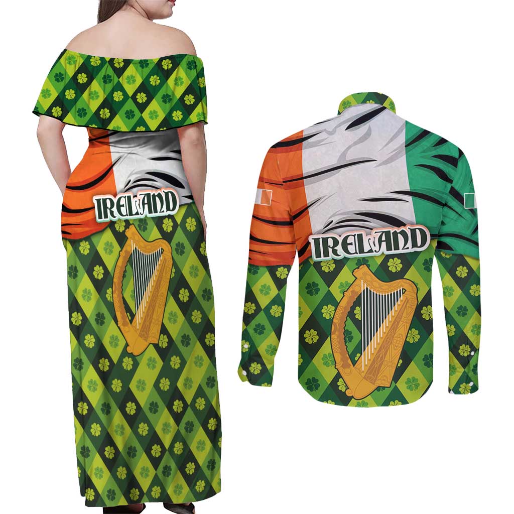 Ireland Couples Matching Off Shoulder Maxi Dress and Long Sleeve Button Shirt with Irish Flag Harp and Shamrock Pattern Design