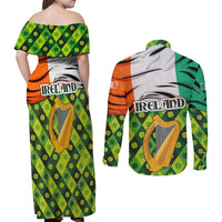 Ireland Couples Matching Off Shoulder Maxi Dress and Long Sleeve Button Shirt with Irish Flag Harp and Shamrock Pattern Design
