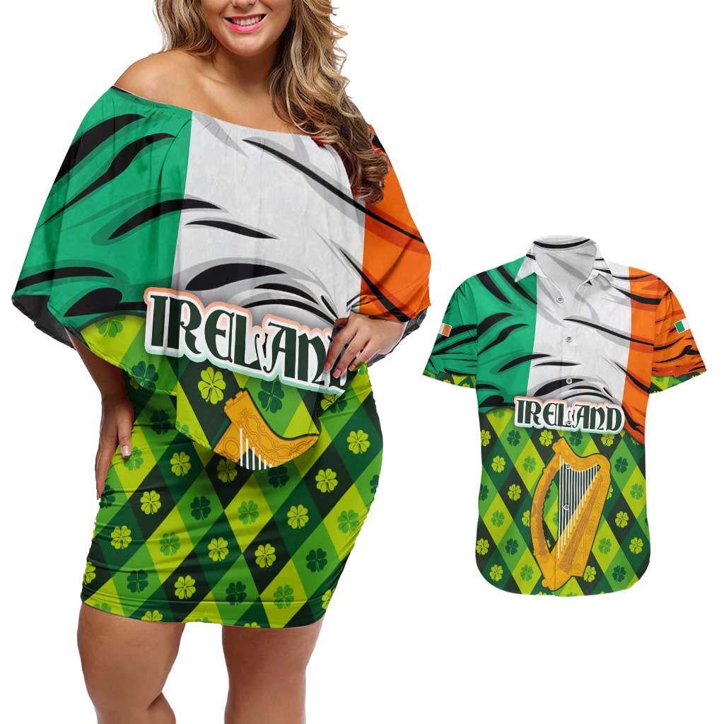 Ireland Couples Matching Off Shoulder Short Dress and Hawaiian Shirt with Irish Flag Harp and Shamrock Pattern Design
