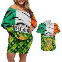 Ireland Couples Matching Off Shoulder Short Dress and Hawaiian Shirt with Irish Flag Harp and Shamrock Pattern Design