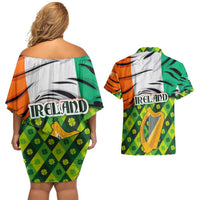 Ireland Couples Matching Off Shoulder Short Dress and Hawaiian Shirt with Irish Flag Harp and Shamrock Pattern Design