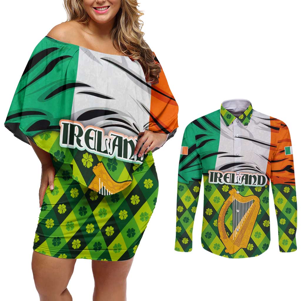 Ireland Couples Matching Off Shoulder Short Dress and Long Sleeve Button Shirt with Irish Flag Harp and Shamrock Pattern Design