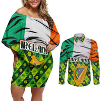 Ireland Couples Matching Off Shoulder Short Dress and Long Sleeve Button Shirt with Irish Flag Harp and Shamrock Pattern Design