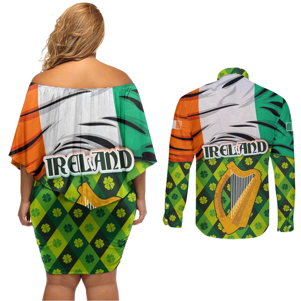 Ireland Couples Matching Off Shoulder Short Dress and Long Sleeve Button Shirt with Irish Flag Harp and Shamrock Pattern Design