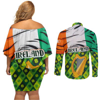 Ireland Couples Matching Off Shoulder Short Dress and Long Sleeve Button Shirt with Irish Flag Harp and Shamrock Pattern Design