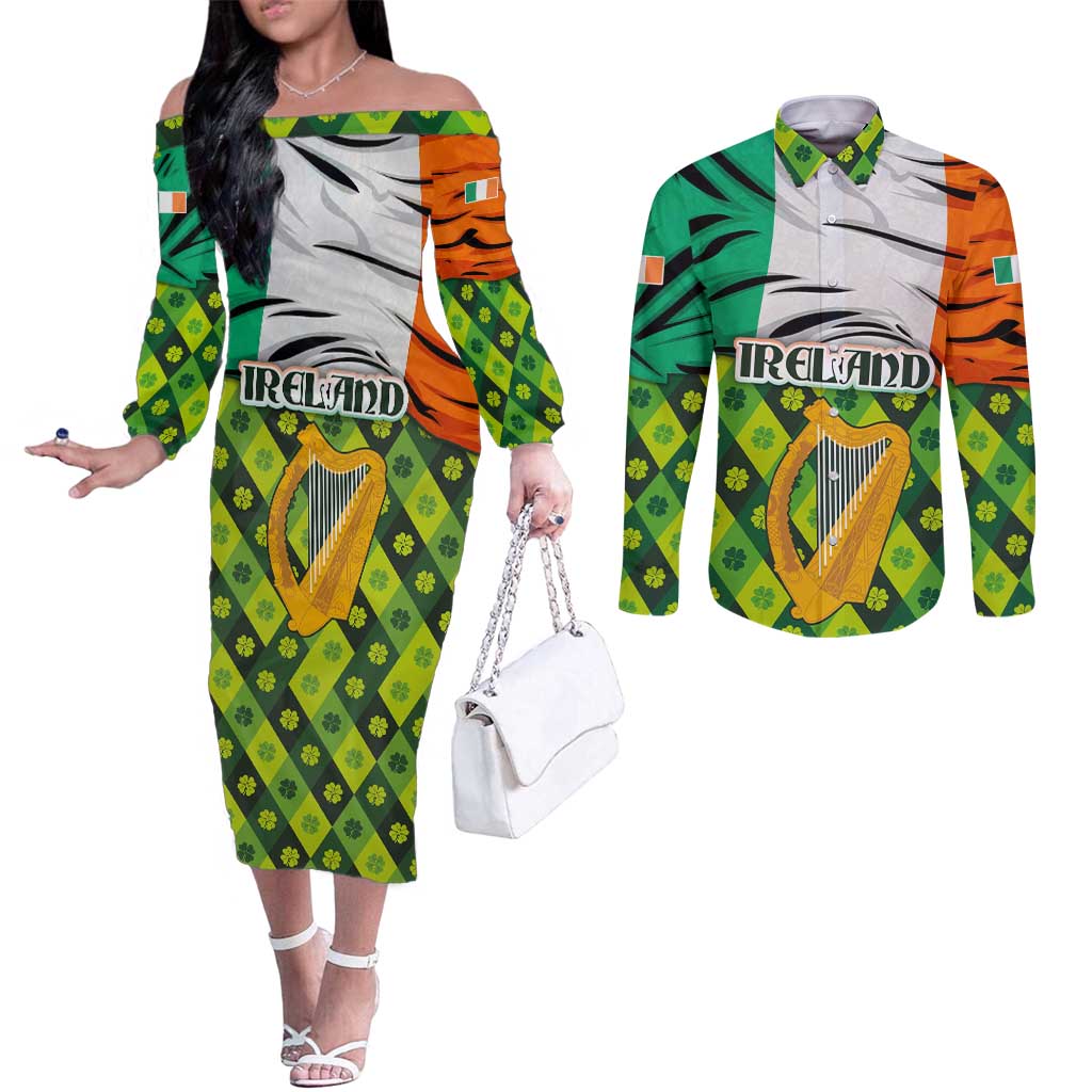 Ireland Couples Matching Off The Shoulder Long Sleeve Dress and Long Sleeve Button Shirt with Irish Flag Harp and Shamrock Pattern Design