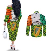Ireland Couples Matching Off The Shoulder Long Sleeve Dress and Long Sleeve Button Shirt with Irish Flag Harp and Shamrock Pattern Design