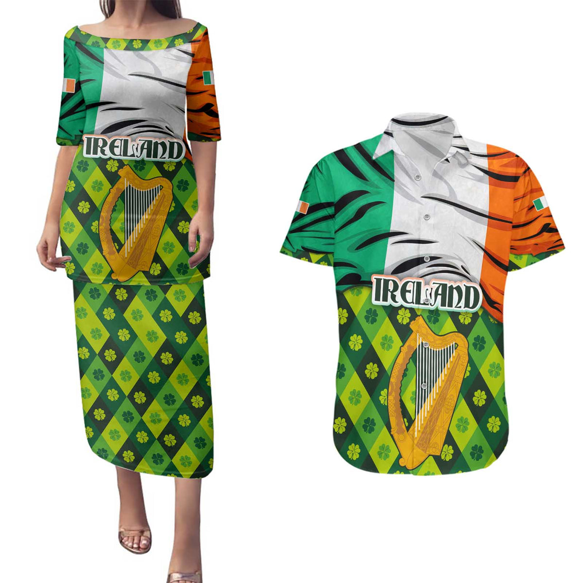 Ireland Couples Matching Puletasi and Hawaiian Shirt with Irish Flag Harp and Shamrock Pattern Design
