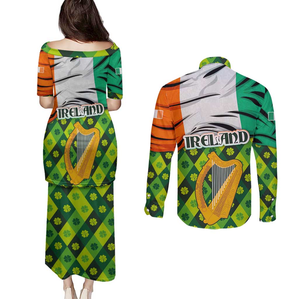 Ireland Couples Matching Puletasi and Long Sleeve Button Shirt with Irish Flag Harp and Shamrock Pattern Design