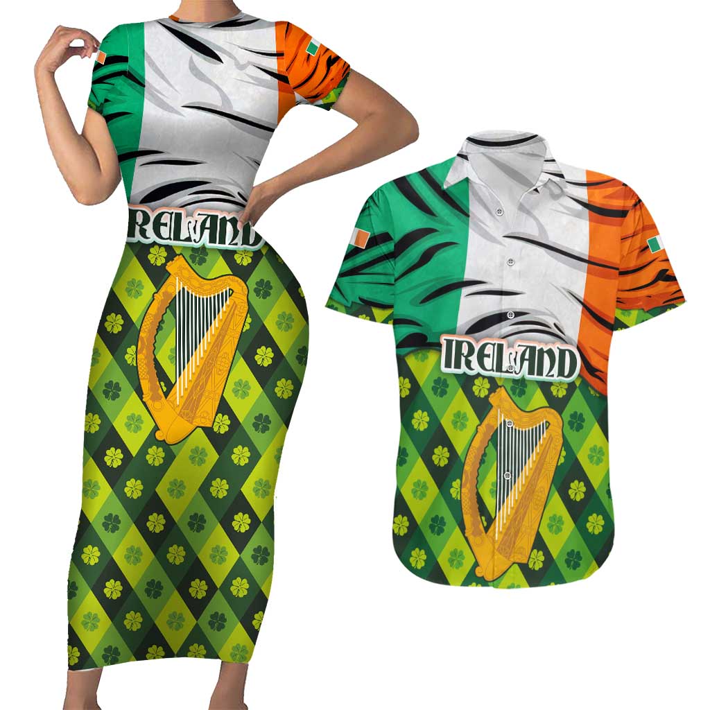 Ireland Couples Matching Short Sleeve Bodycon Dress and Hawaiian Shirt with Irish Flag Harp and Shamrock Pattern Design