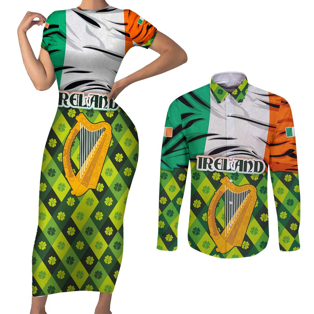 Ireland Couples Matching Short Sleeve Bodycon Dress and Long Sleeve Button Shirt with Irish Flag Harp and Shamrock Pattern Design