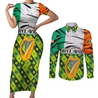 Ireland Couples Matching Short Sleeve Bodycon Dress and Long Sleeve Button Shirt with Irish Flag Harp and Shamrock Pattern Design