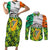 Ireland Couples Matching Short Sleeve Bodycon Dress and Long Sleeve Button Shirt with Irish Flag Harp and Shamrock Pattern Design