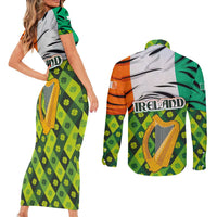 Ireland Couples Matching Short Sleeve Bodycon Dress and Long Sleeve Button Shirt with Irish Flag Harp and Shamrock Pattern Design
