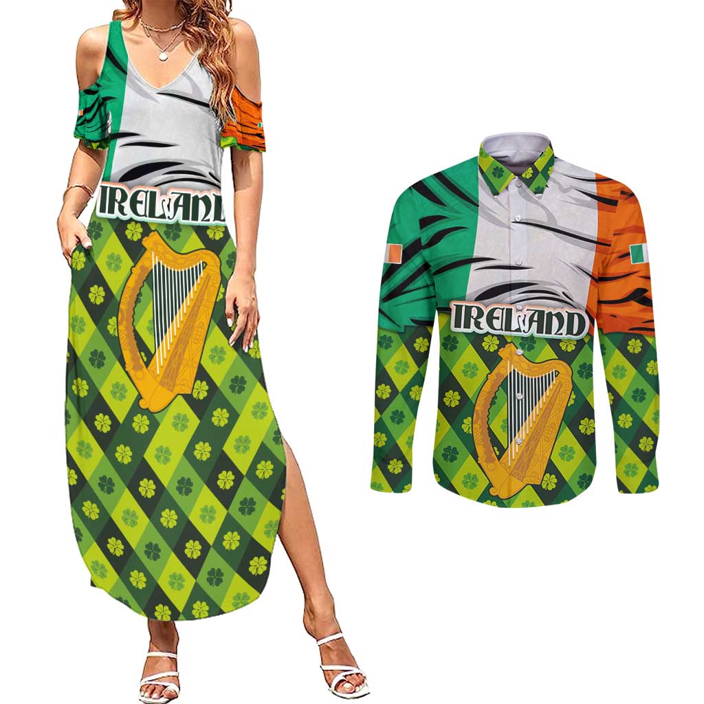 Ireland Couples Matching Summer Maxi Dress and Long Sleeve Button Shirt with Irish Flag Harp and Shamrock Pattern Design