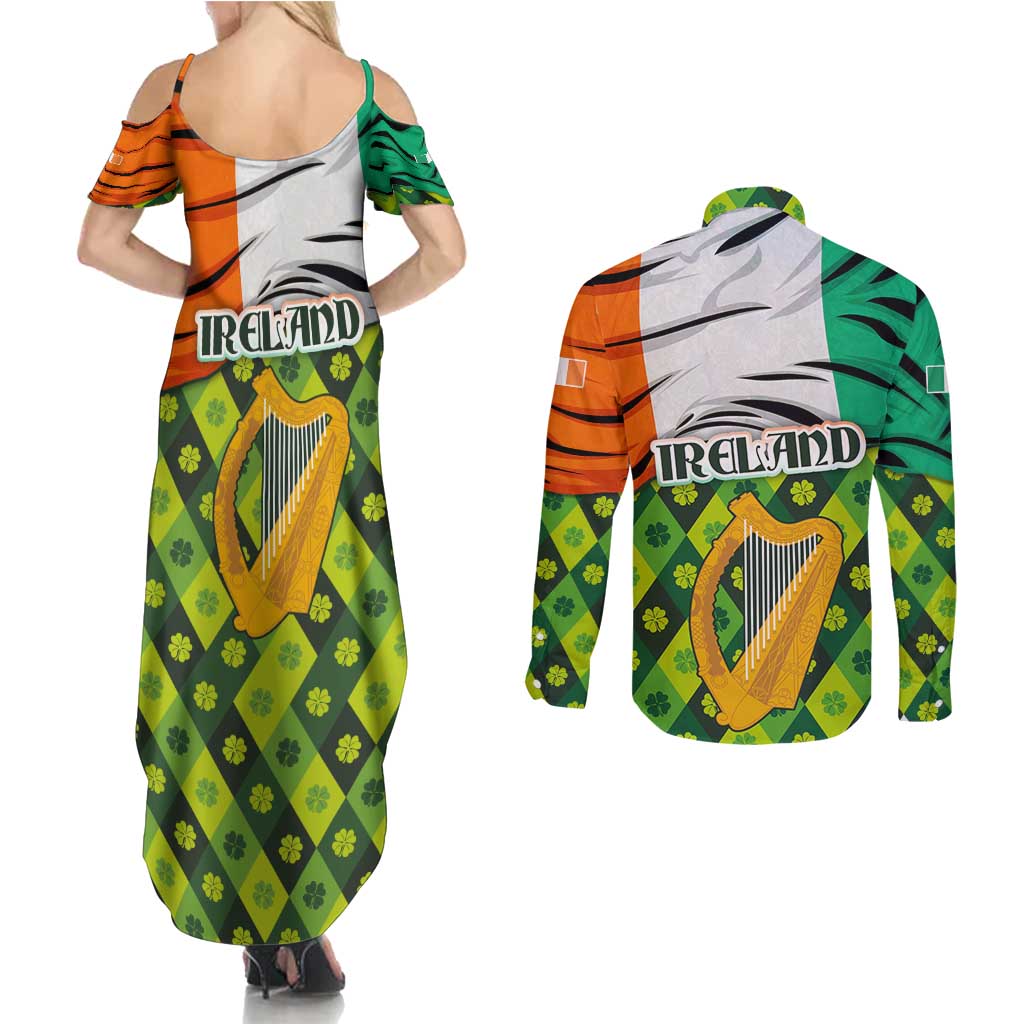 Ireland Couples Matching Summer Maxi Dress and Long Sleeve Button Shirt with Irish Flag Harp and Shamrock Pattern Design
