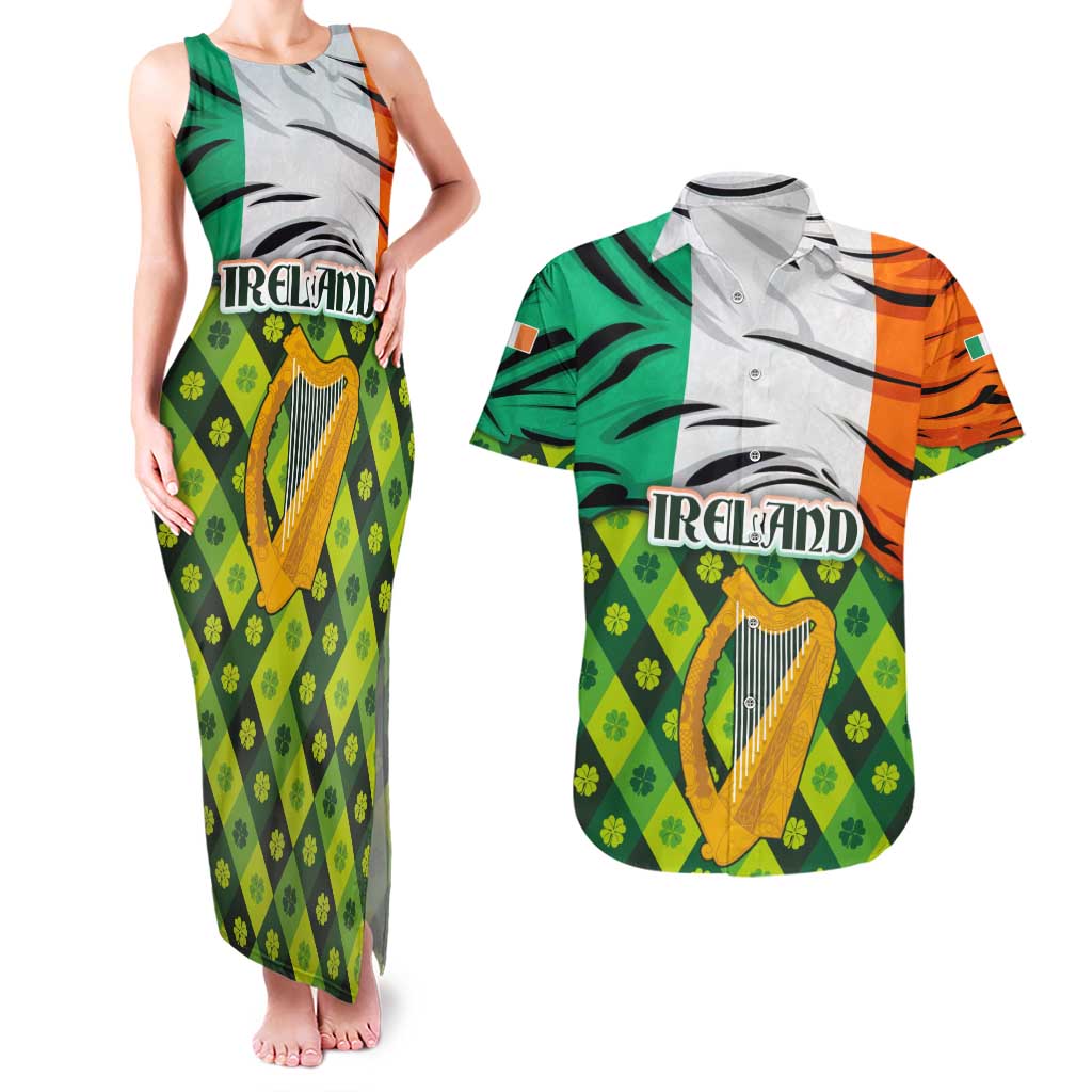 Ireland Couples Matching Tank Maxi Dress and Hawaiian Shirt with Irish Flag Harp and Shamrock Pattern Design