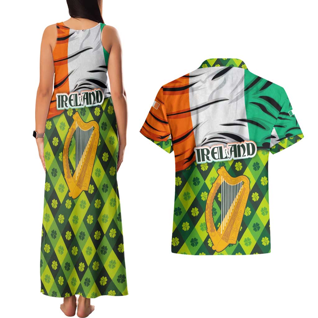 Ireland Couples Matching Tank Maxi Dress and Hawaiian Shirt with Irish Flag Harp and Shamrock Pattern Design