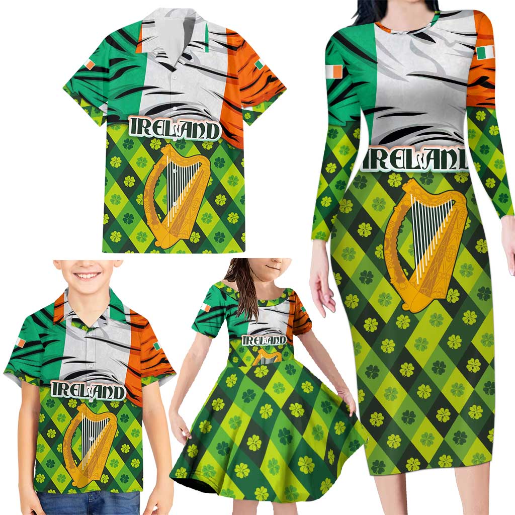Ireland Family Matching Long Sleeve Bodycon Dress and Hawaiian Shirt with Irish Flag Harp and Shamrock Pattern Design