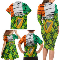 Ireland Family Matching Long Sleeve Bodycon Dress and Hawaiian Shirt with Irish Flag Harp and Shamrock Pattern Design