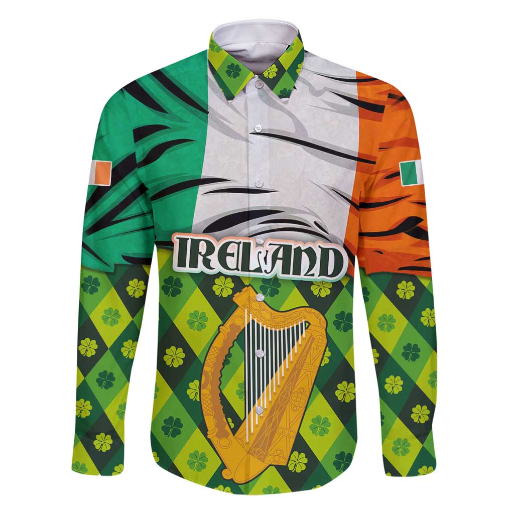 Ireland Family Matching Long Sleeve Bodycon Dress and Hawaiian Shirt with Irish Flag Harp and Shamrock Pattern Design