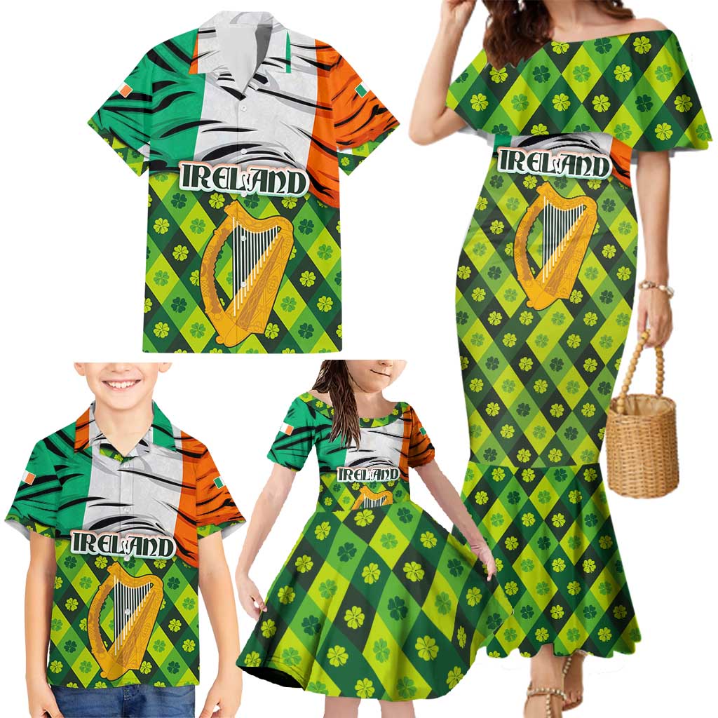 Ireland Family Matching Mermaid Dress and Hawaiian Shirt with Irish Flag Harp and Shamrock Pattern Design