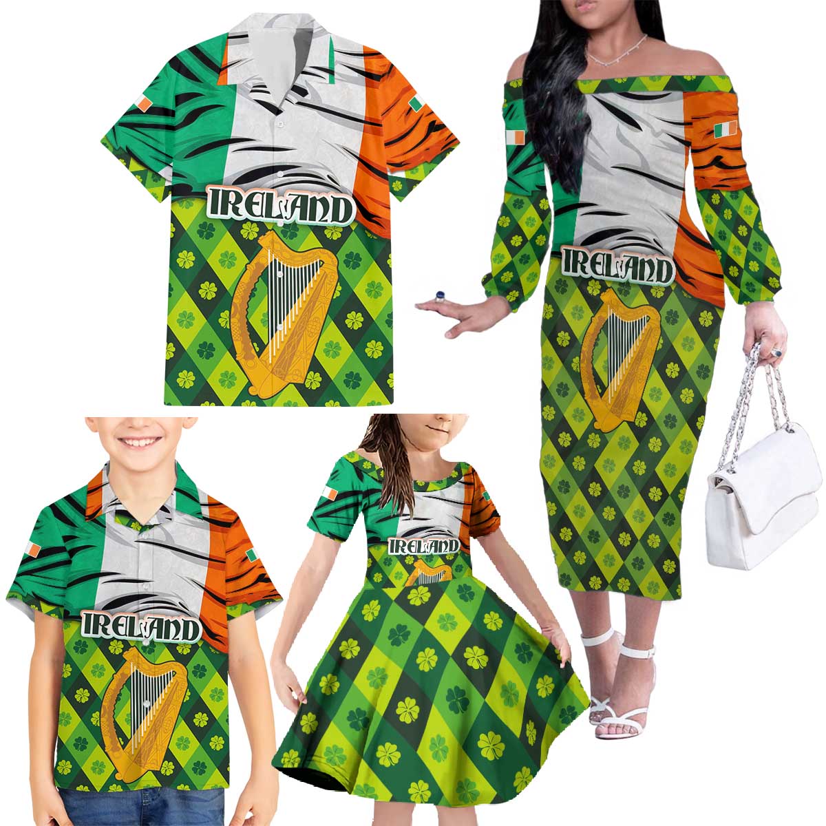 Ireland Family Matching Off The Shoulder Long Sleeve Dress and Hawaiian Shirt with Irish Flag Harp and Shamrock Pattern Design