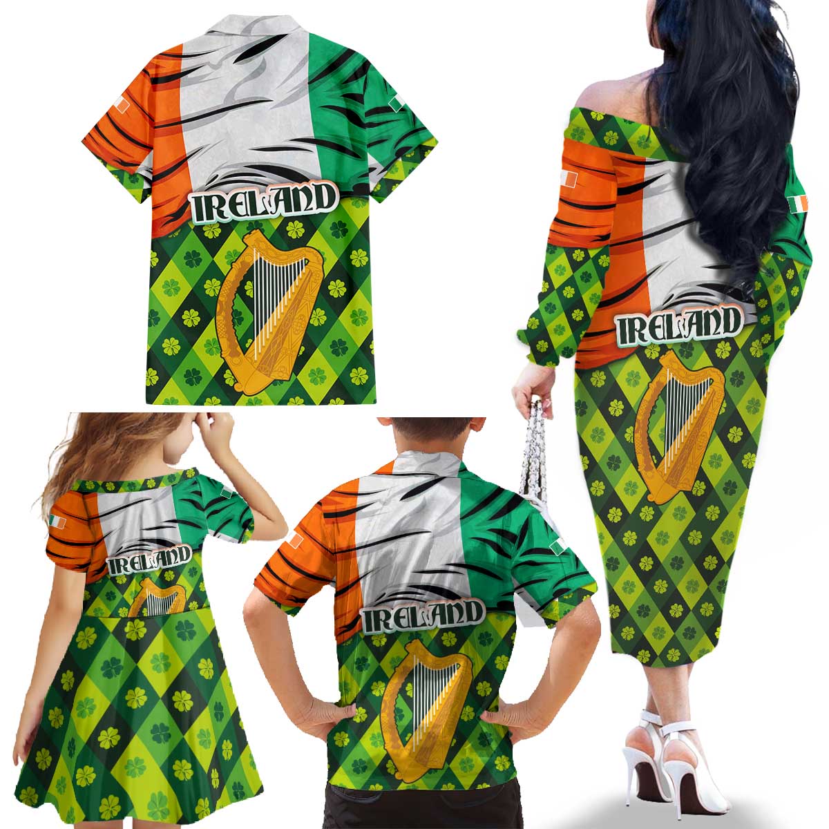 Ireland Family Matching Off The Shoulder Long Sleeve Dress and Hawaiian Shirt with Irish Flag Harp and Shamrock Pattern Design