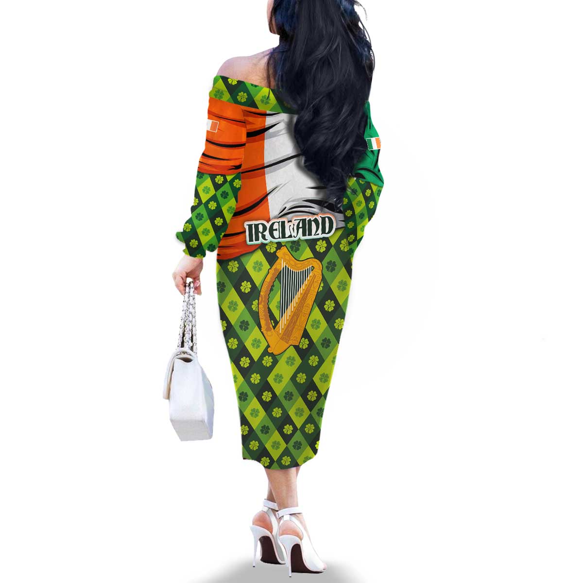Ireland Family Matching Off The Shoulder Long Sleeve Dress and Hawaiian Shirt with Irish Flag Harp and Shamrock Pattern Design