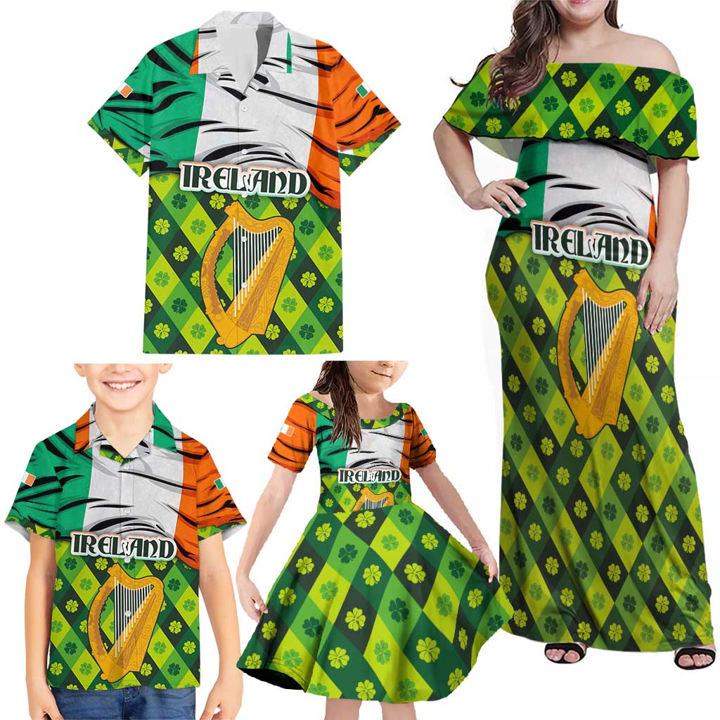Ireland Family Matching Off Shoulder Maxi Dress and Hawaiian Shirt with Irish Flag Harp and Shamrock Pattern Design