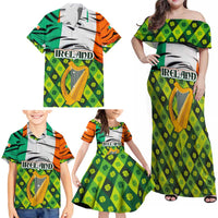 Ireland Family Matching Off Shoulder Maxi Dress and Hawaiian Shirt with Irish Flag Harp and Shamrock Pattern Design