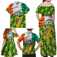 Ireland Family Matching Off Shoulder Maxi Dress and Hawaiian Shirt with Irish Flag Harp and Shamrock Pattern Design