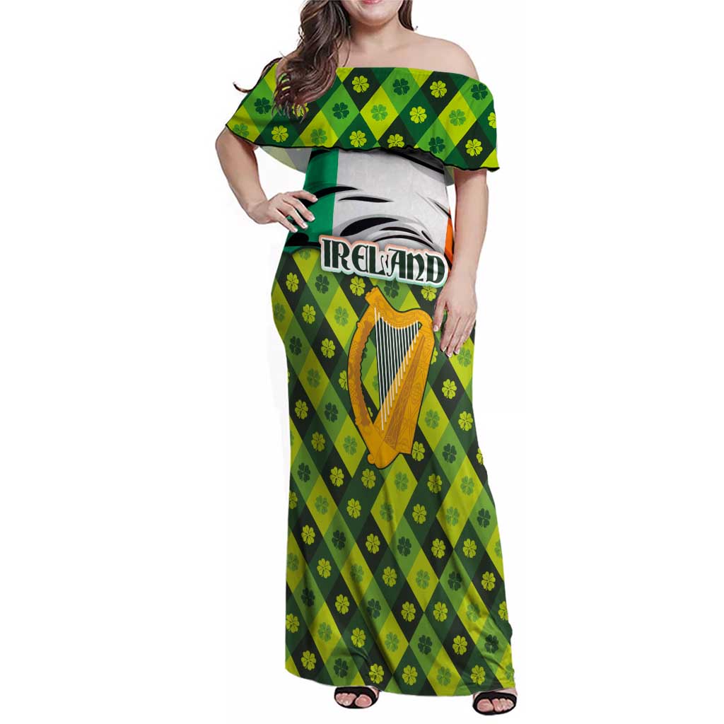 Ireland Family Matching Off Shoulder Maxi Dress and Hawaiian Shirt with Irish Flag Harp and Shamrock Pattern Design