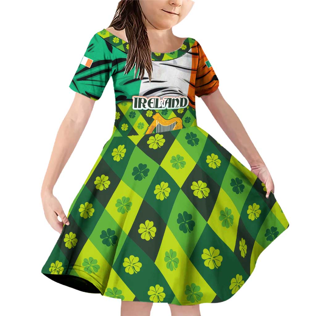 Ireland Family Matching Off Shoulder Short Dress and Hawaiian Shirt with Irish Flag Harp and Shamrock Pattern Design